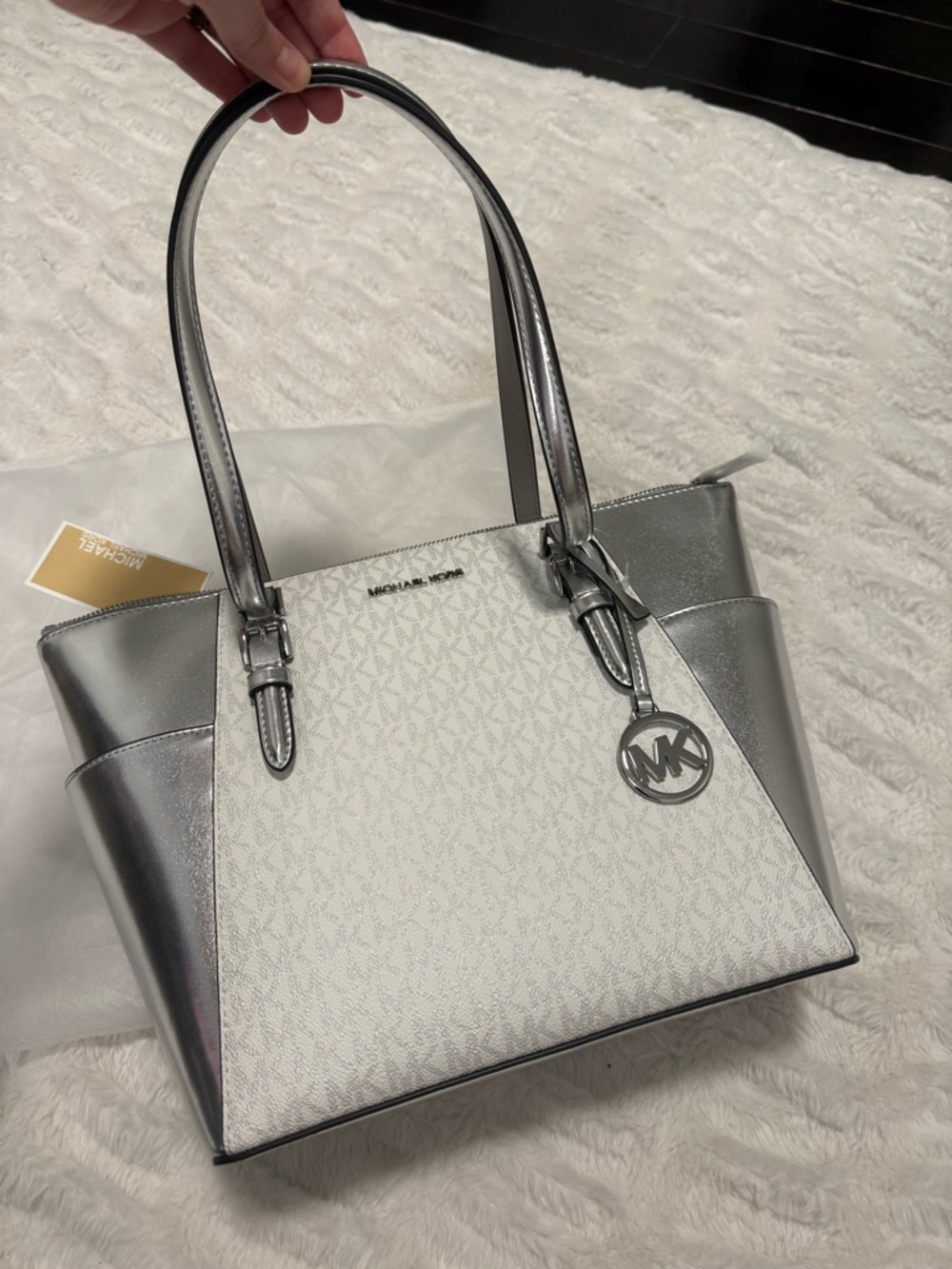NWT Michael Kors Charlotte Large Signature Logo Silver Metallic Tote Bag